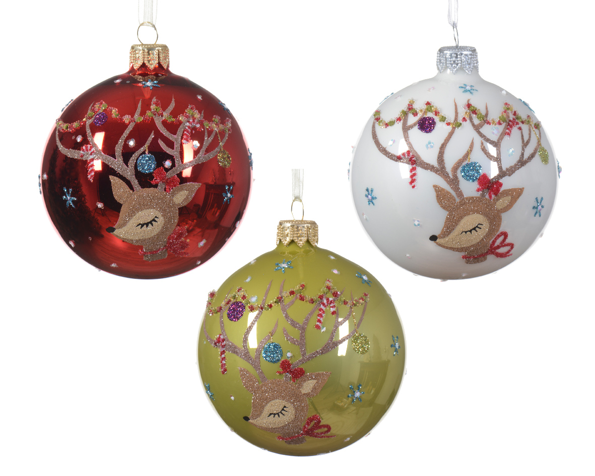 Bauble glass shiny-enamel reindeer head 3col ass