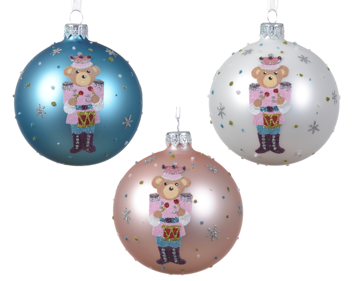Bauble glass matt bear with presents 3col ass