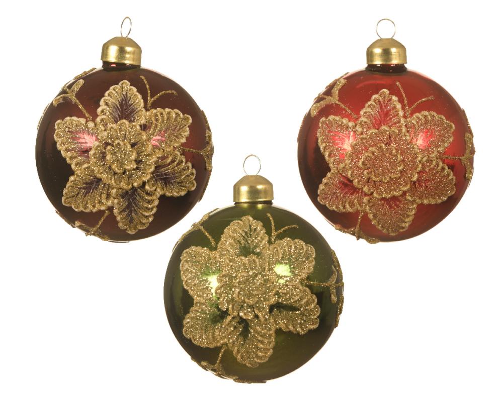 Bauble glass silver inside w shiny color white emulsion w gold glitter flower 1ΤΜΧ