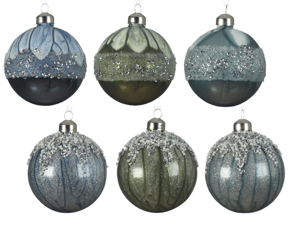 Bauble glass silver inside w shiny color spangles,glitter,beads 6ass