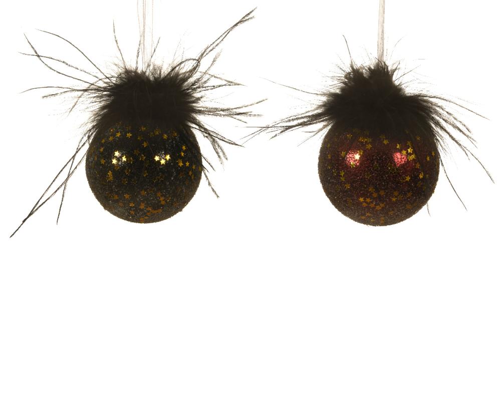 Bauble glass silver inside w shiny color black feather,spangle star,sugar finish, 1ΤΜΧ