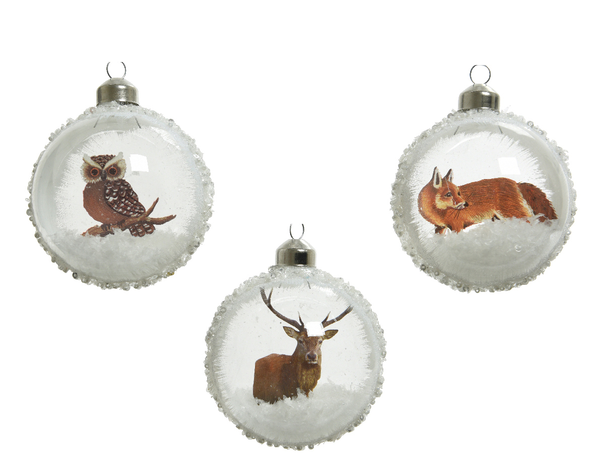 Bauble glass animal inside- glitter/bead rim 3ass