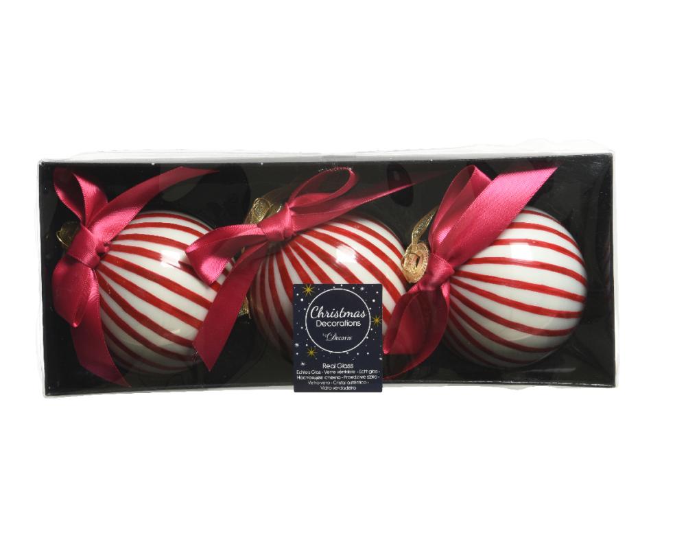 Bauble glass silver inside w shiny color red satin bow,red and white stripes