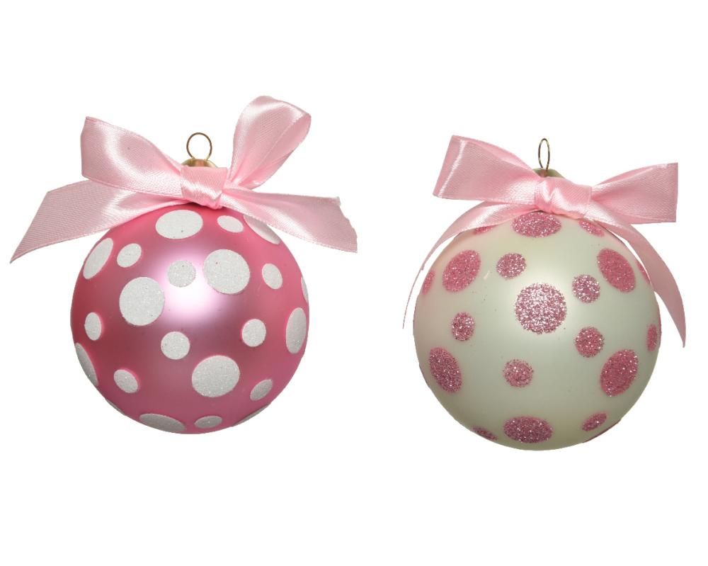 Bauble glass silver inside w matt color satin bow,glitter dots, 1ΤΜΧ