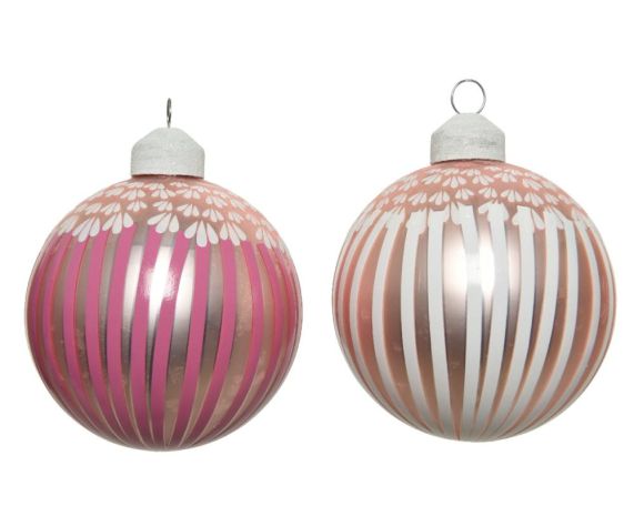 Bauble glass silver inside w matt color stripes,flowers, 1ΤΜΧ-Ροζ