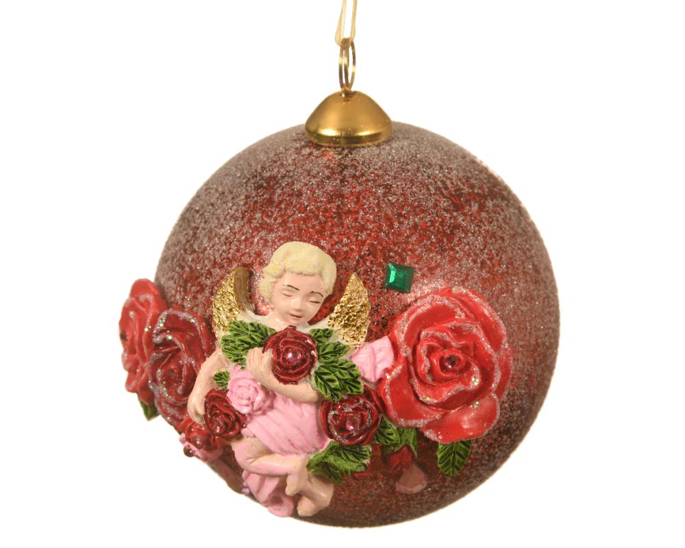 Bauble glass silver inside w shiny antique color poly angel and flower