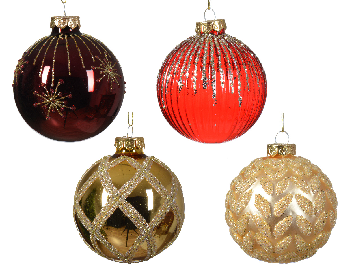 Bauble glass shiny-matt-transparent firework-rib-leaf-check mix