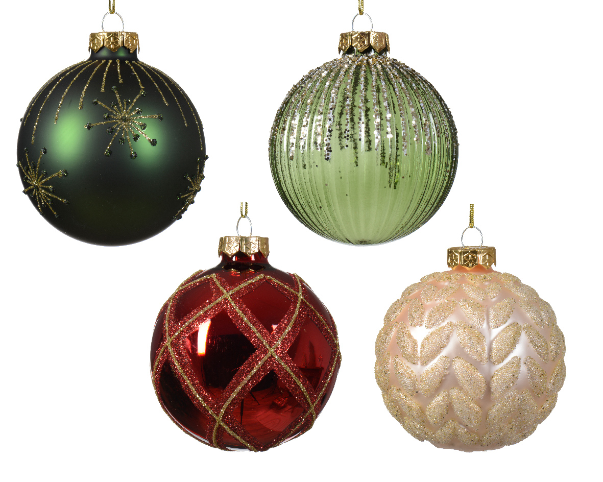 Bauble glass shiny-matt-transparent firework-rib-leaf-check 4ass