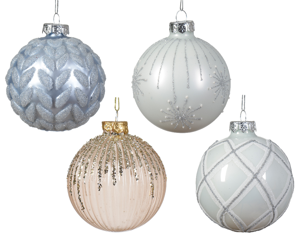 Bauble glass shiny-matt-transparent firework-rib-leaf-check 4ass