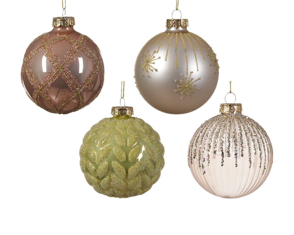 Bauble glass shiny-matt-transparent firework-rib-leaf-check 4ass
