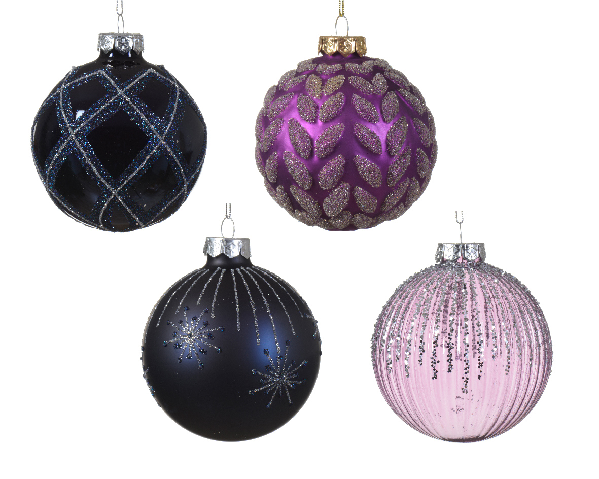 Bauble glass shiny-matt-transparent firework-rib-leaf-check 4ass
