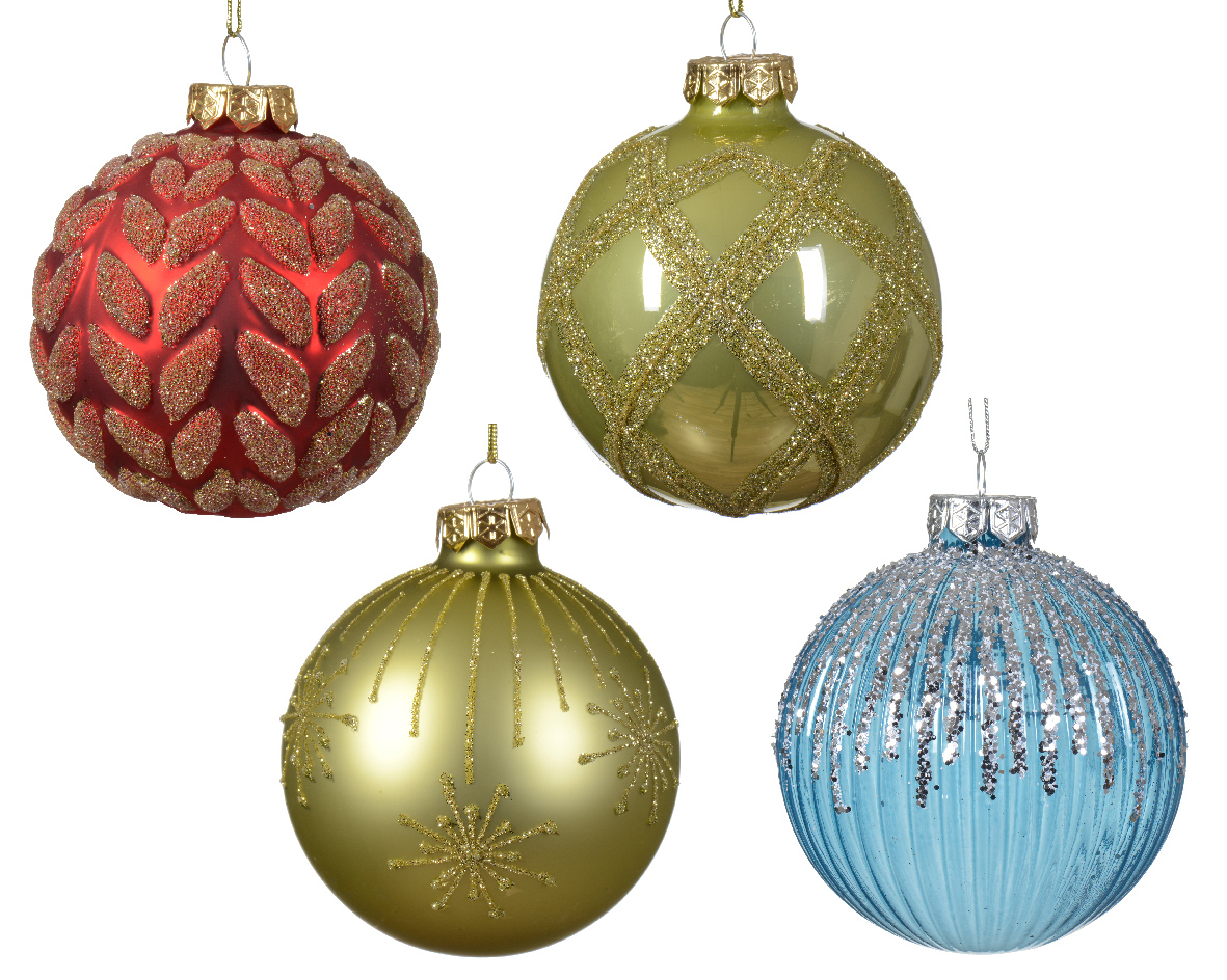 Bauble glass shiny-matt-transparent firework-rib-leaf-check mix