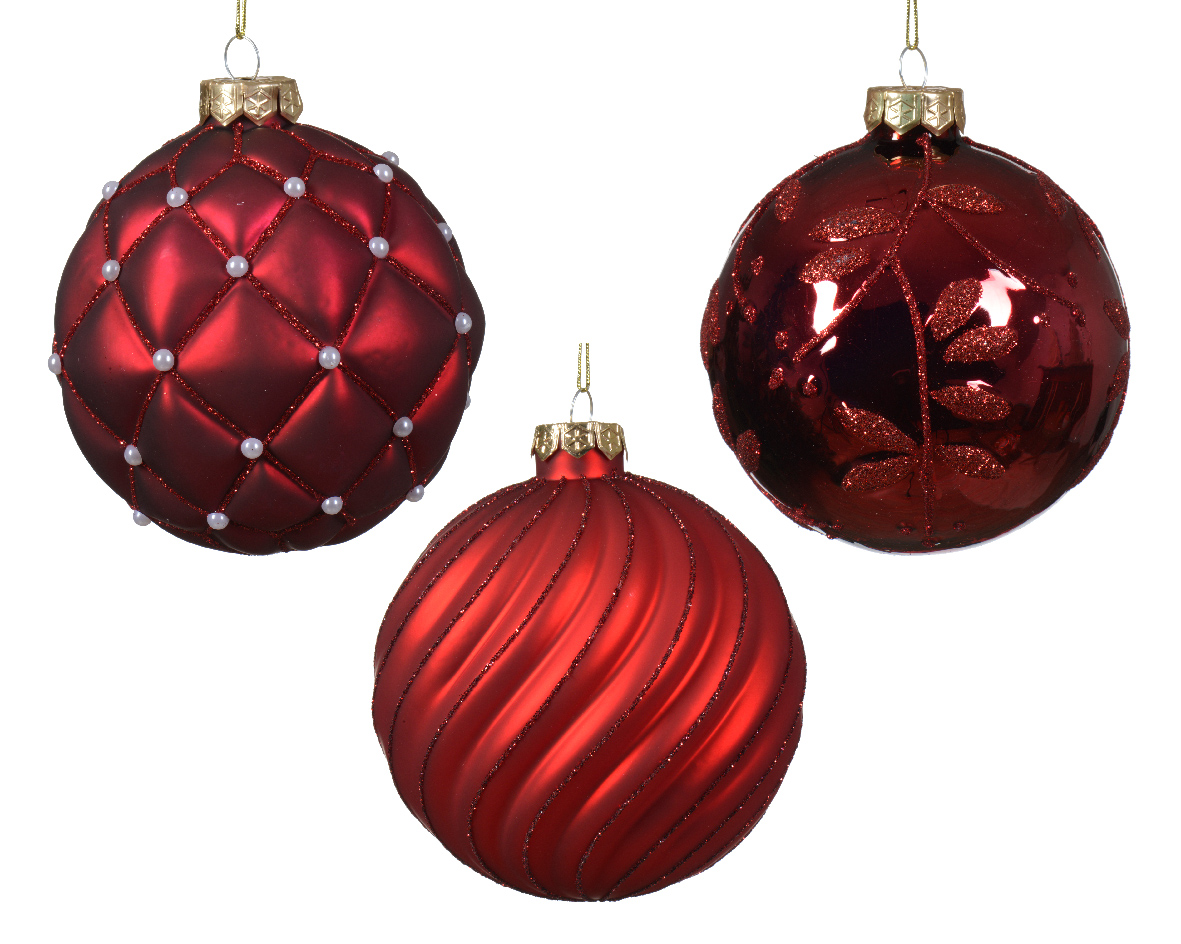 Bauble glass shiny-matt line-check-leaf 3ass