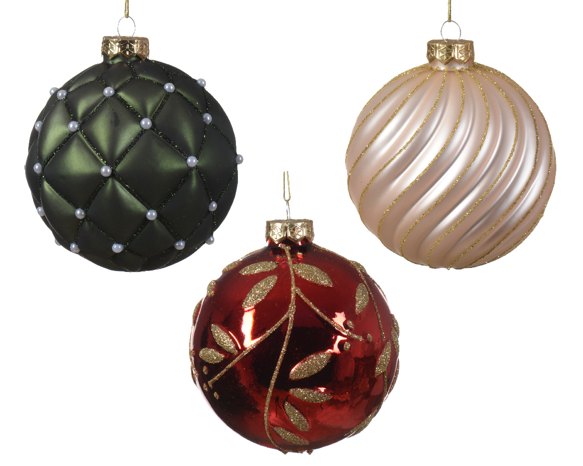 Bauble glass shiny-matt line-check-leaf 3ass