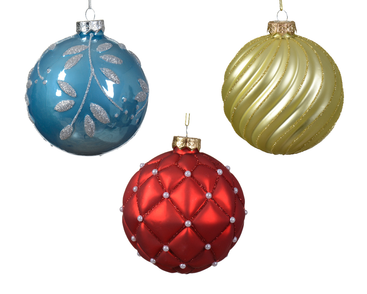Bauble glass shiny-matt line-check-leaf mix