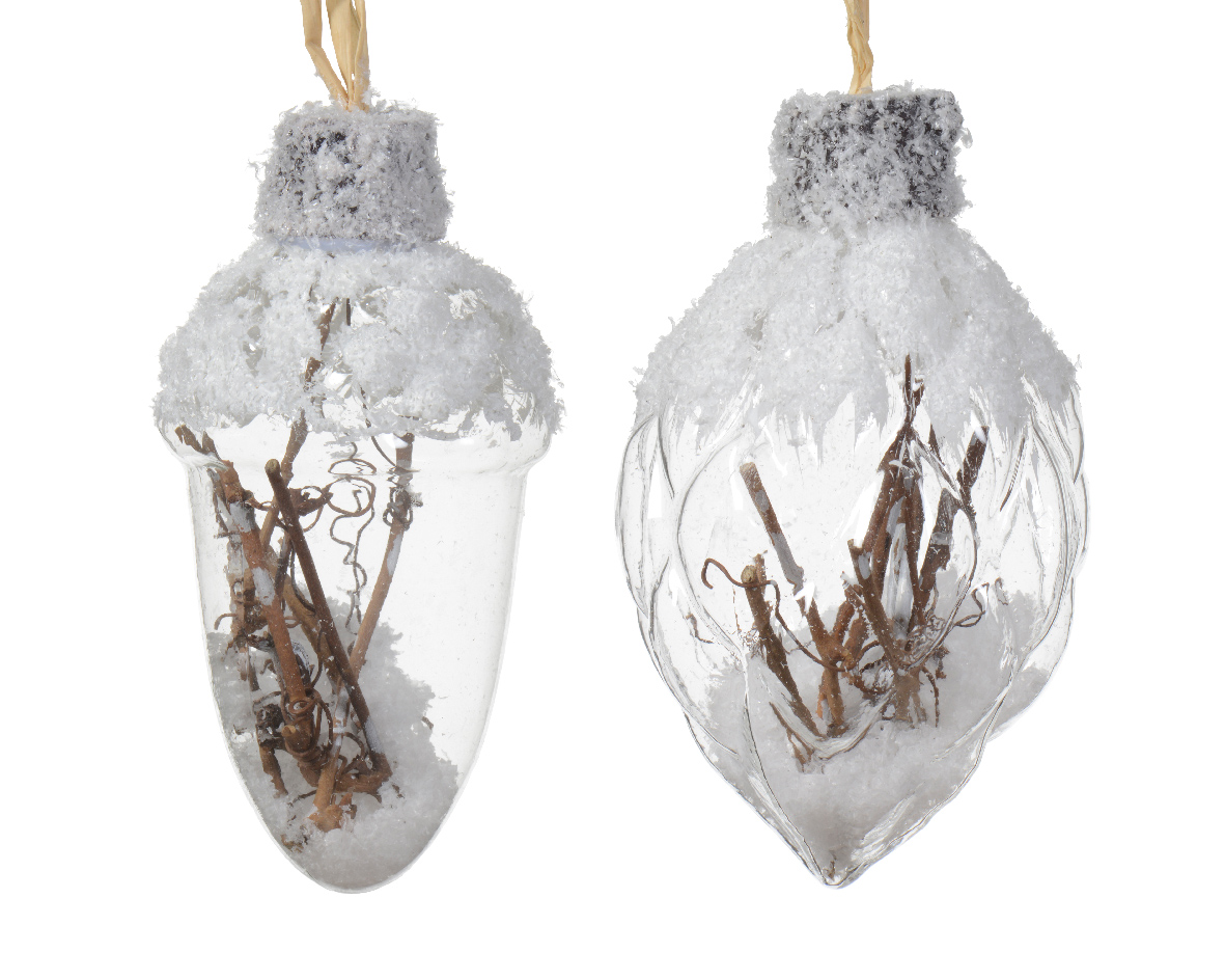 Bauble glass snow finish outside on the top w dried branches and snow inside 2ass