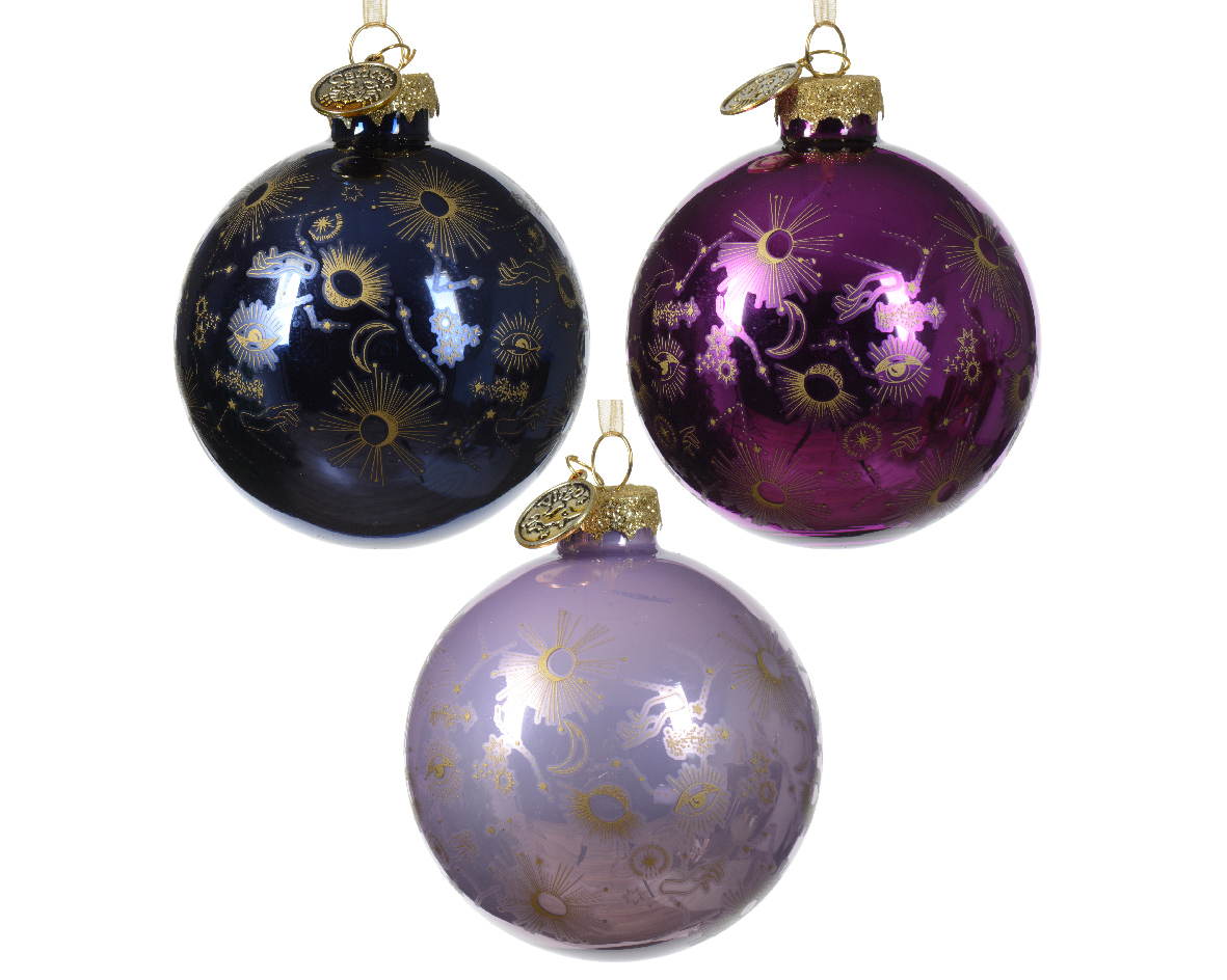 Bauble glass shiny - enamel w zodiac sign w coin details 3col ass