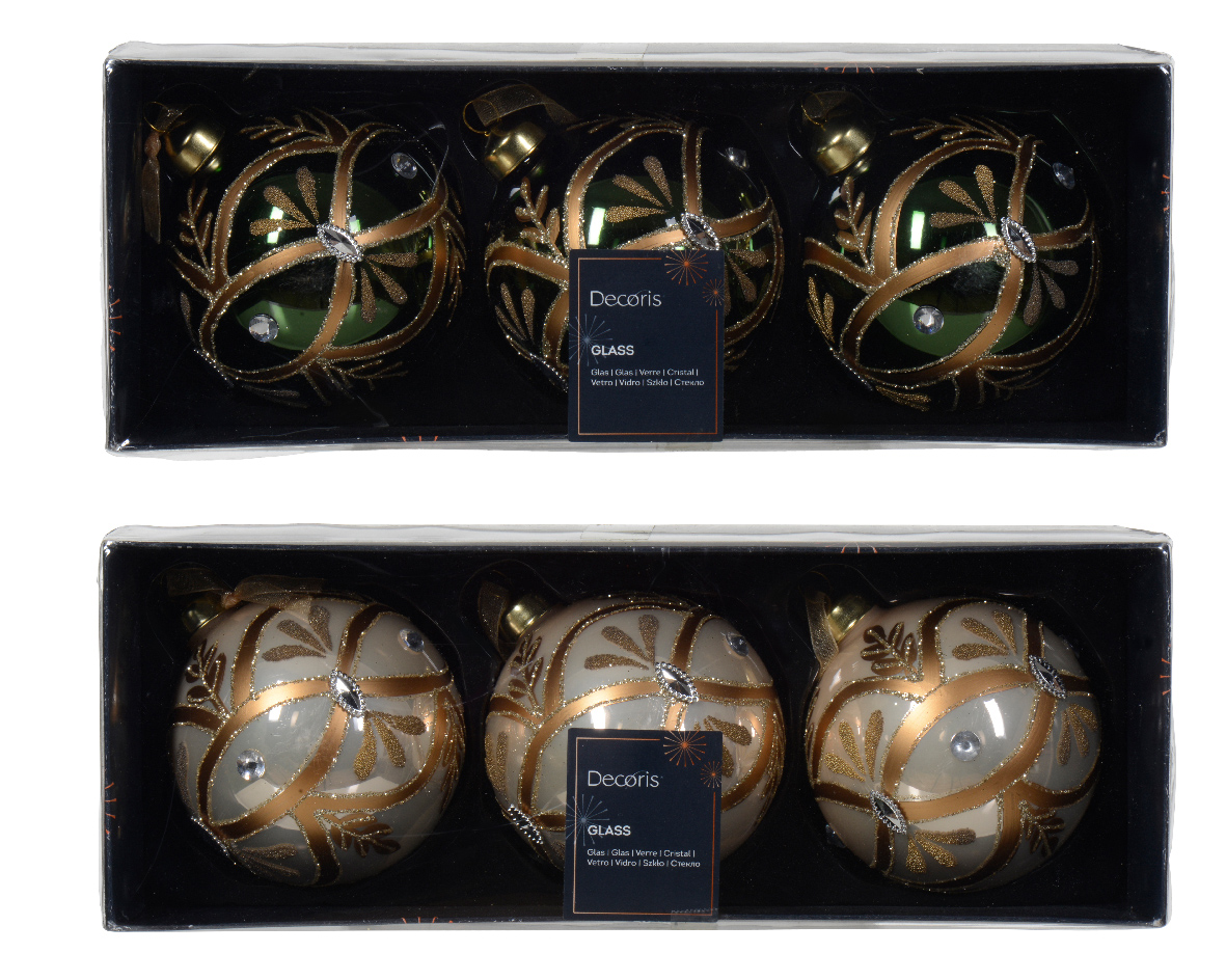 Bauble glass enamel - shiny w gold paint- clear beads- diamond- glitter
