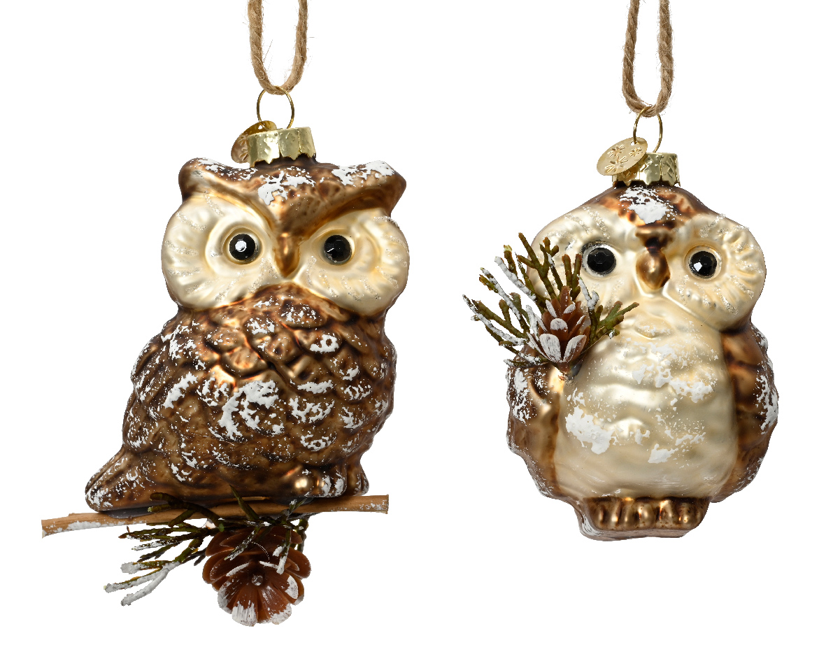 Owl glass w snow finish w pinecone- branch 2ass