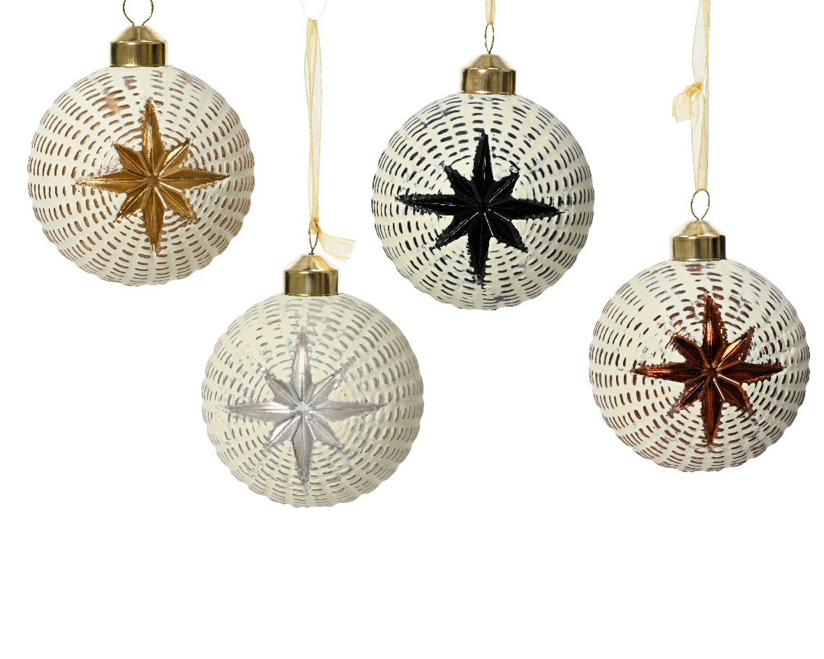 Bauble glass matt - enamel - shiny w carved star design 4col ass