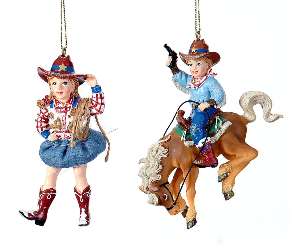 11cm Polyresin cowboy w/horse&gun xmas orn, 1ΤΜΧ
