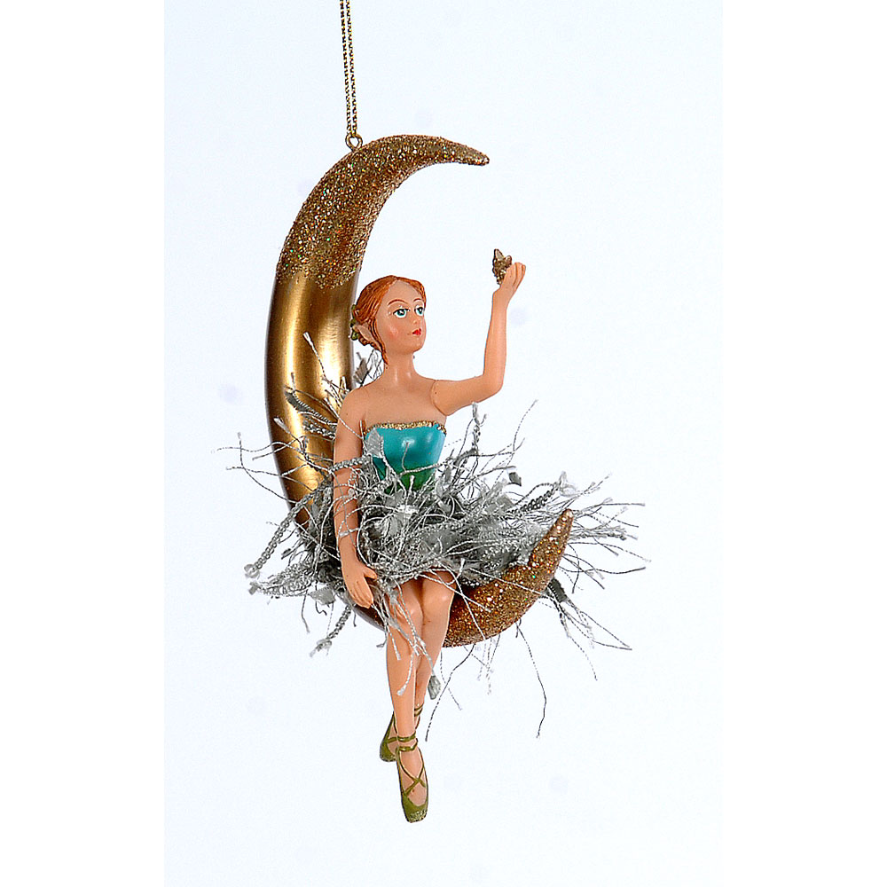 12/72-10cm Polyresin gold/petrol fairy on the moon orn