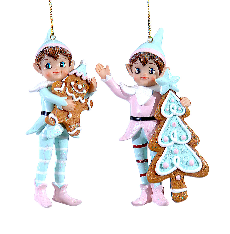 12/72-2Asst 12cm Polyresin elf holding gingerbread/tree