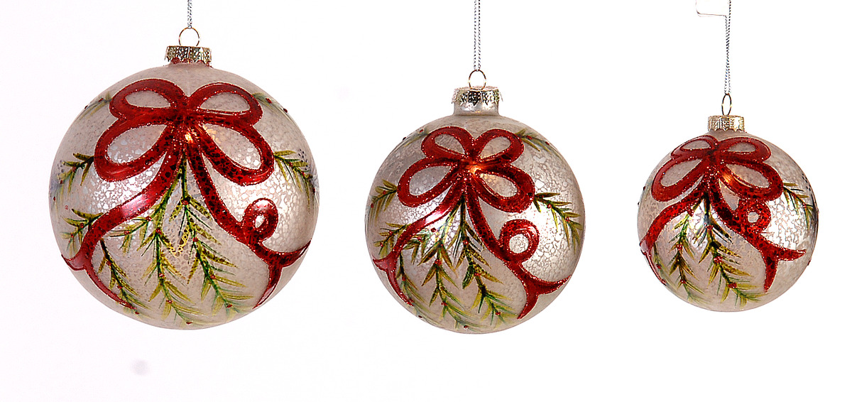 12/48-10cm Glass gold w/red bow design ball