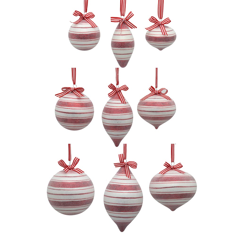 12/36-3Asst 10cm Glass red/white ball/drop/onion orn