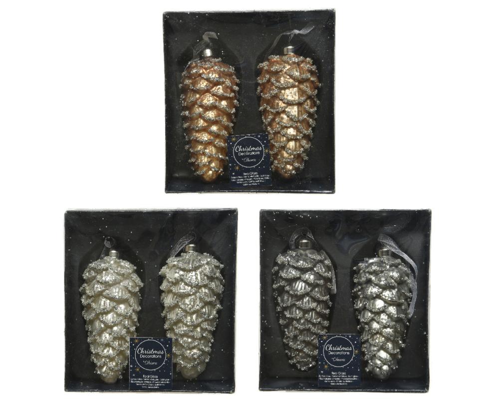 Pinecone glass frosted, antique glitter 3col ass