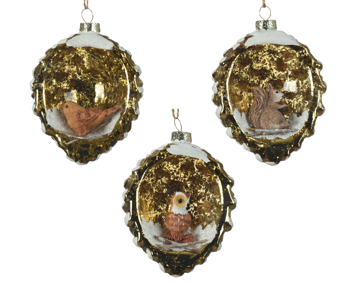 Pinecone glass anti-gold poly figures-snow 3ass