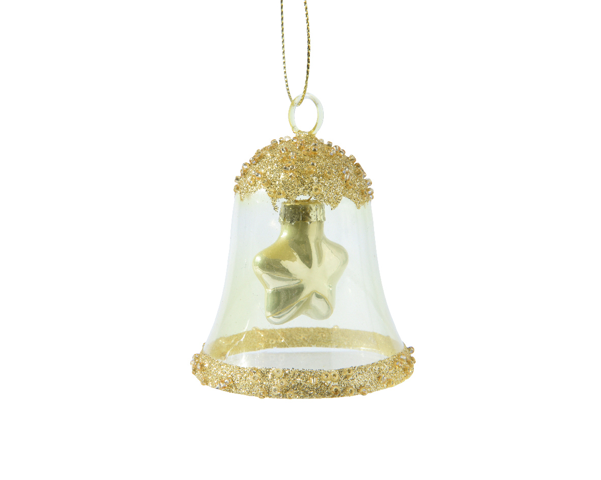 Bell glass transparent w gold glitter and beads