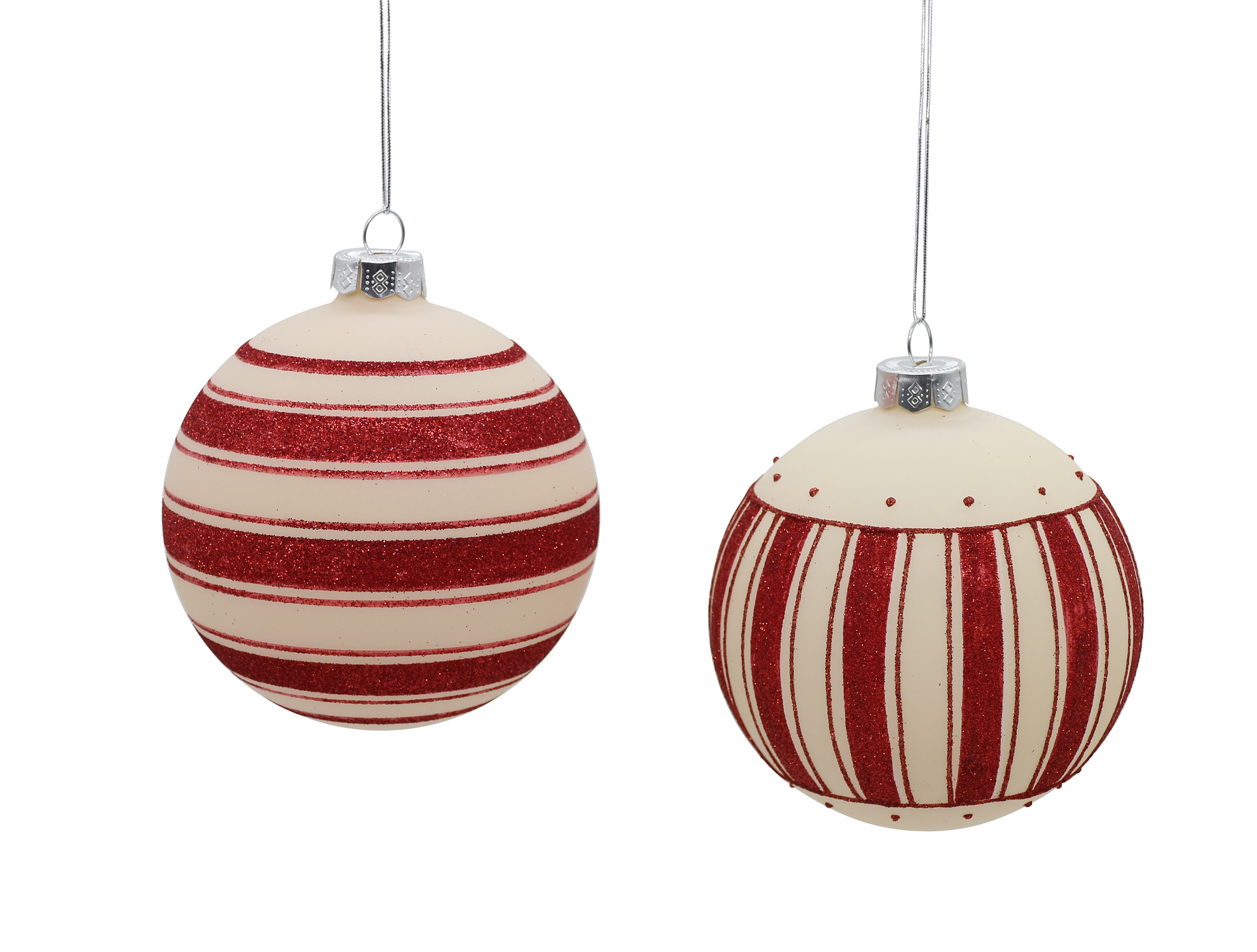 12/48-2Asst 10cm Glass white w/red striped balls