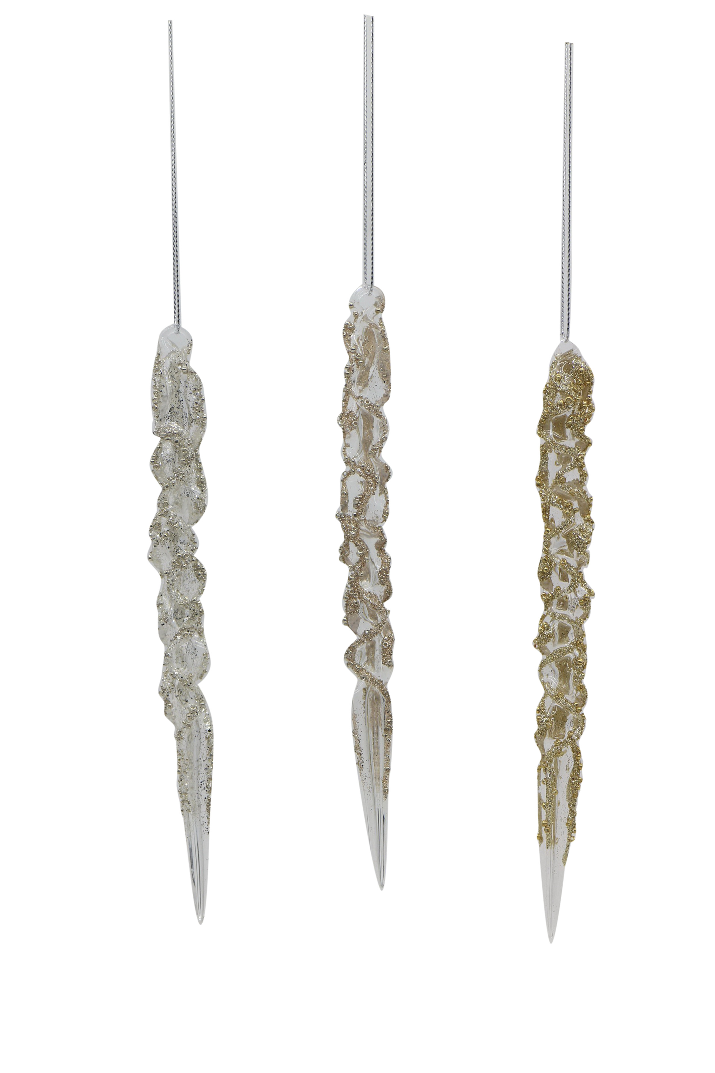 12/108-3Asst 20cm Glass silver, gold & brown icicle orn
