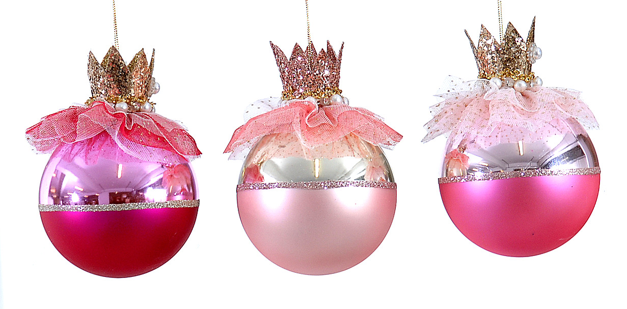 6/36-3Asst 10cm Glass pink ball w/lace & crown