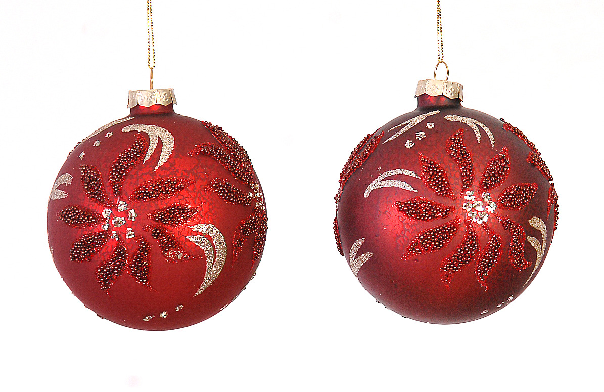 12/48-2Asst 10cm Glass red w/flower design balls