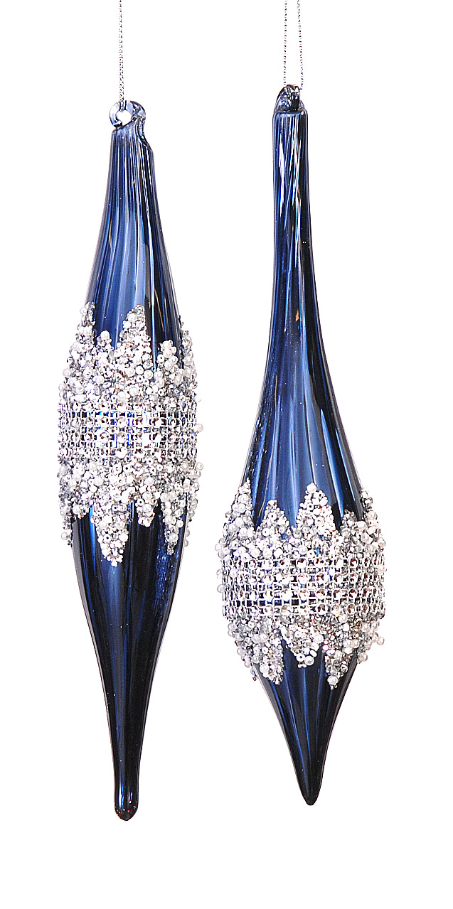 6/48-2Asst 25cm Glass blue w/silver strass finial orn