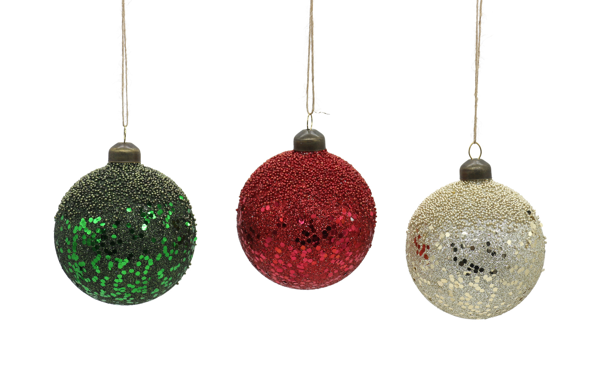 12/96-3Asst 8cm Glass red, green & gold w/glitter balls
