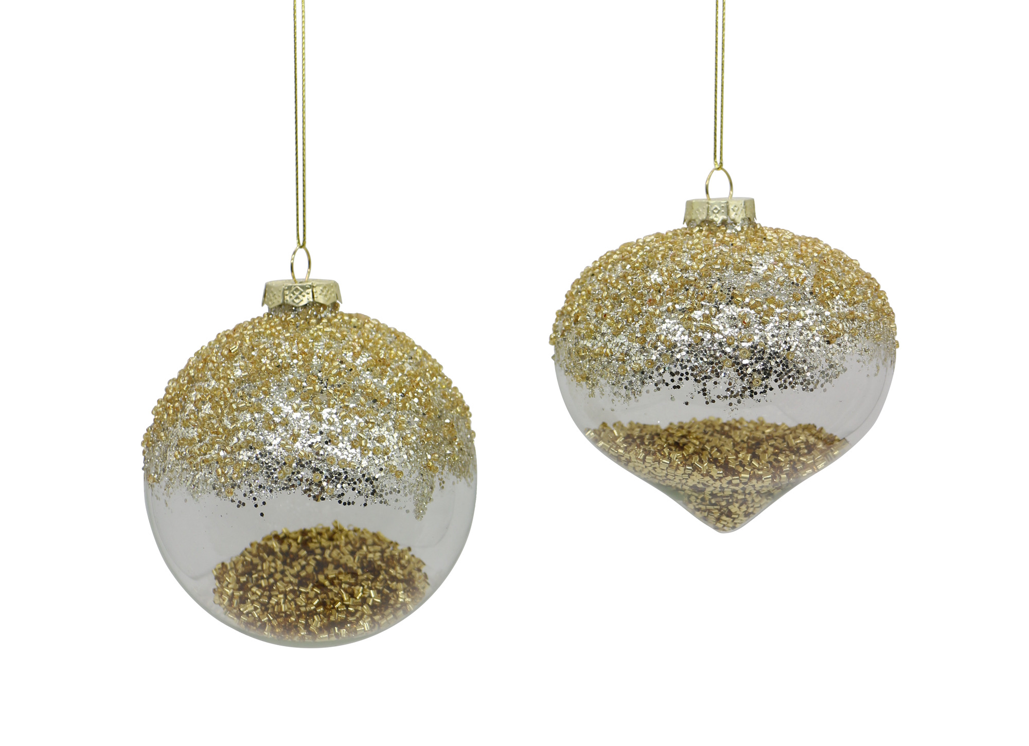 12/48-2Asst 10cm Glass transparent w/gold glitter ball & onion