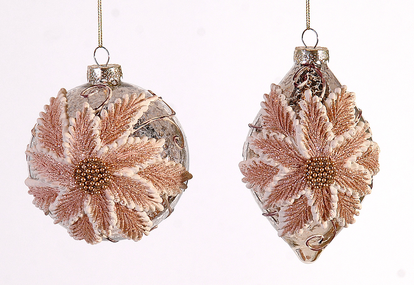 12/36-2Asst 10cm Glass gold ball & drop orn w/flower design