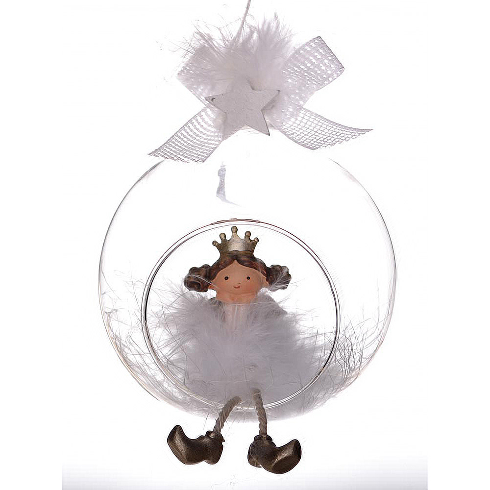 Χειροποίητη χριστουγεννιάτικη μπάλα, γυάλινη με τρύπα, κοριτσάκι με πούπουλα, 10cm