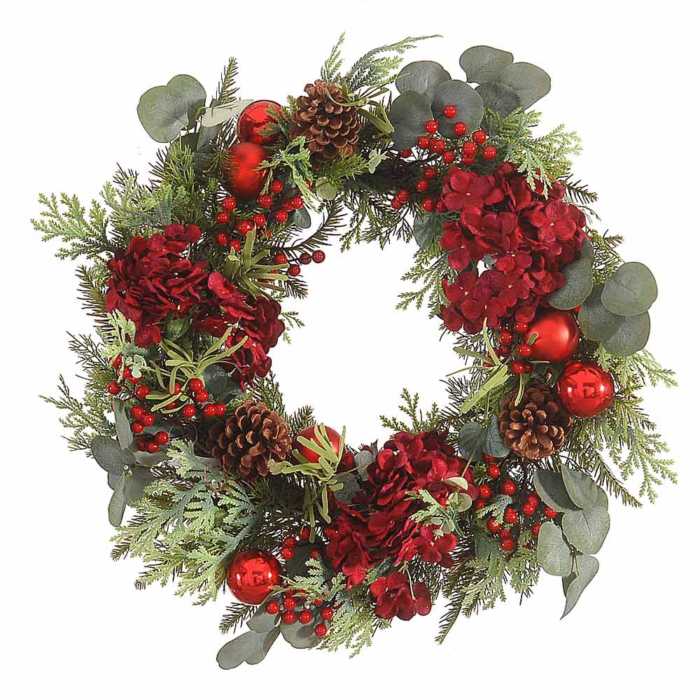 Χριστουγεννιάτικο διακοσμητικό, στεφάνι με κόκκινα λουλούδια και berries, 65cm