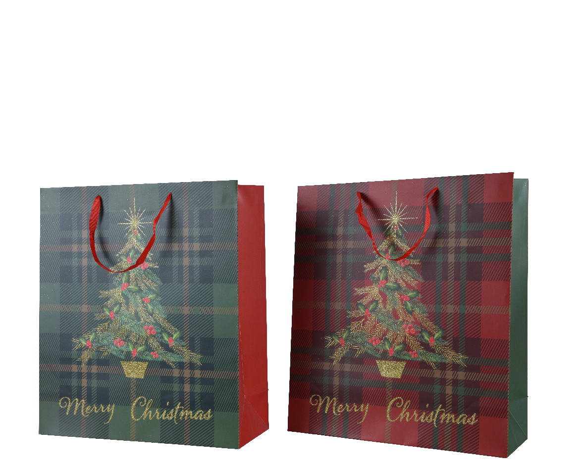 Giftbag paper rectangle glitter check-xmas tree with handle 2ass fsc 100%