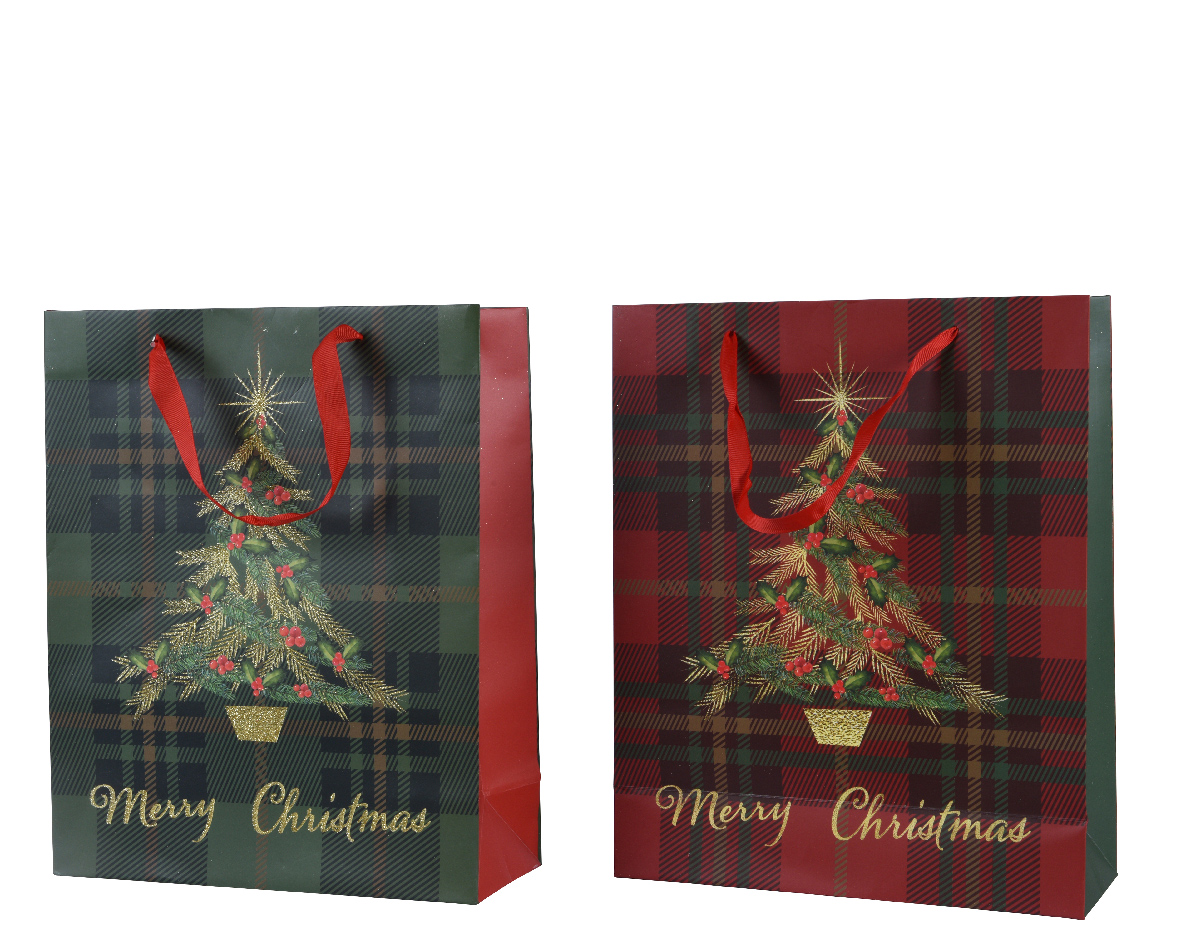 Giftbag paper rectangle glitter check-xmas tree with handle 2ass fsc 100%