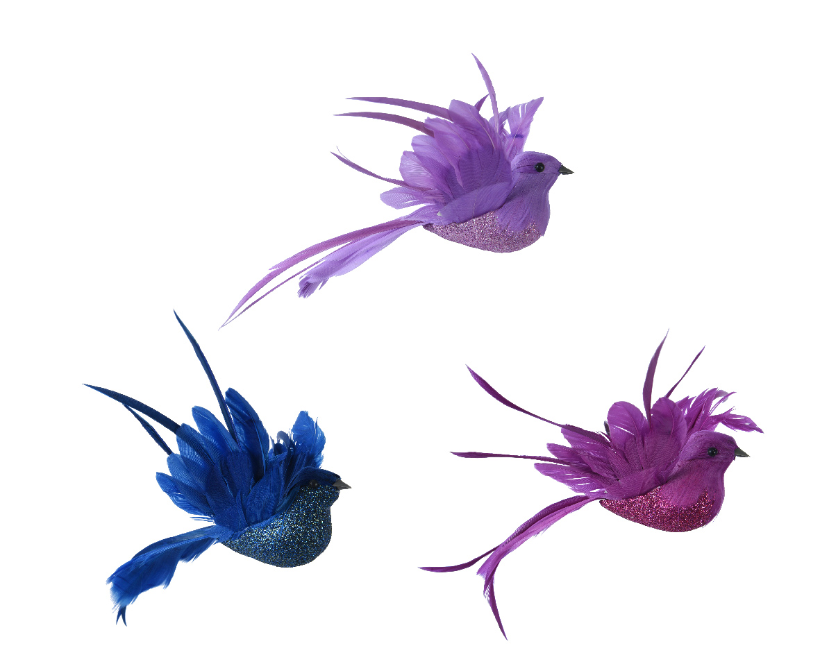 Bird foam glitter body long feather on clip 3col ass