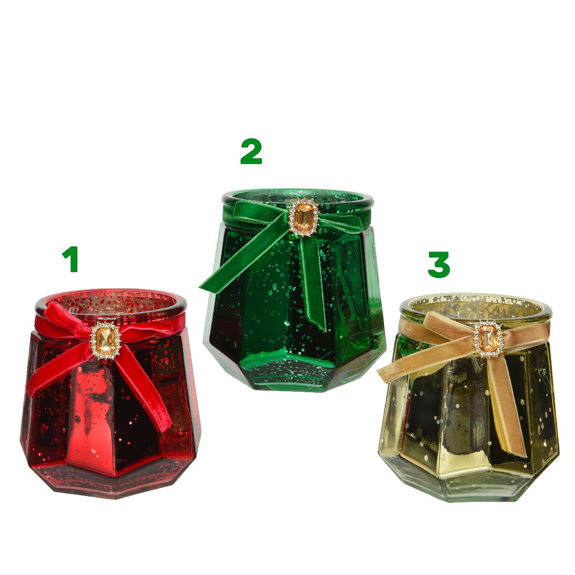 Tealightholder glass anti silver inside, spray color outside velvet ribbon, diamond, 1ΤΜΧ-Πράσινο