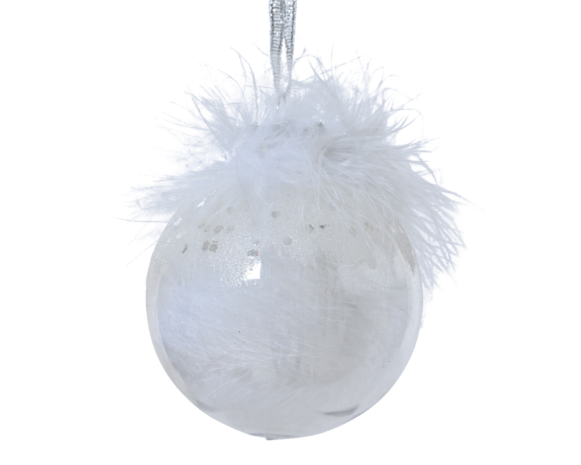 Bauble shatterproof transparant with white feathers inside