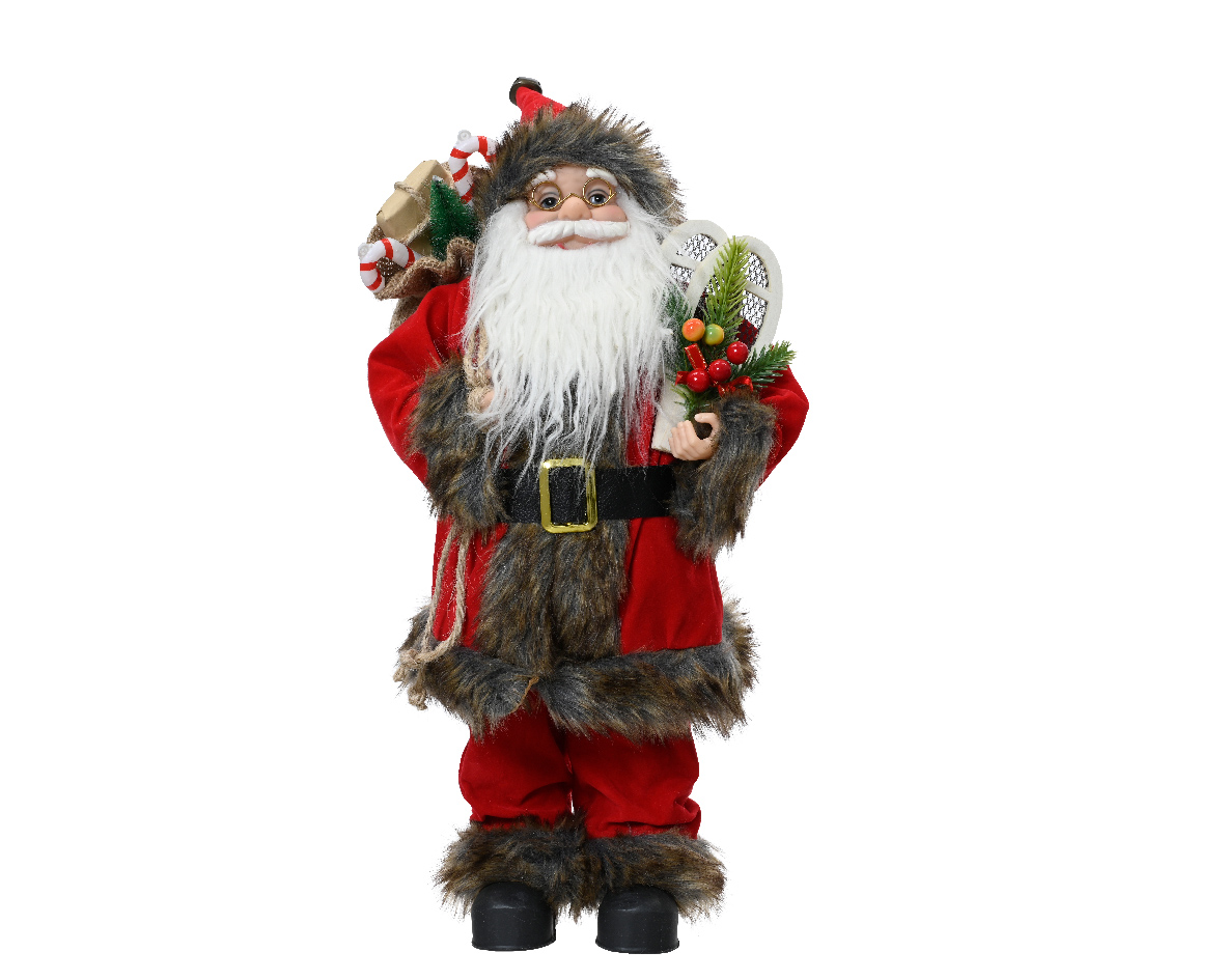 Santa polyester plastic body with red coat with christmas hat present with gift bag with candy cane. berry. green branch. red bo