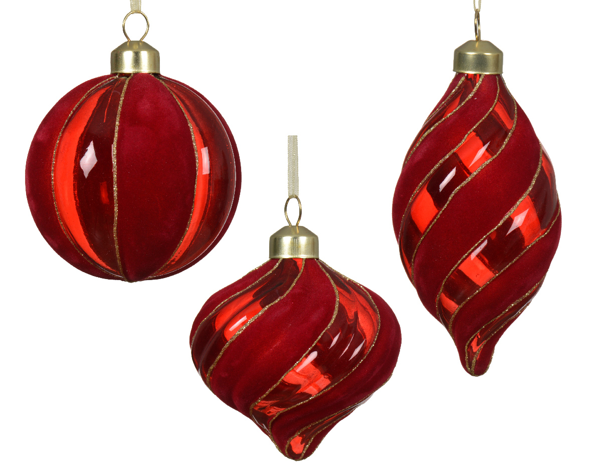 Bauble glass w flocking stripes 3ass