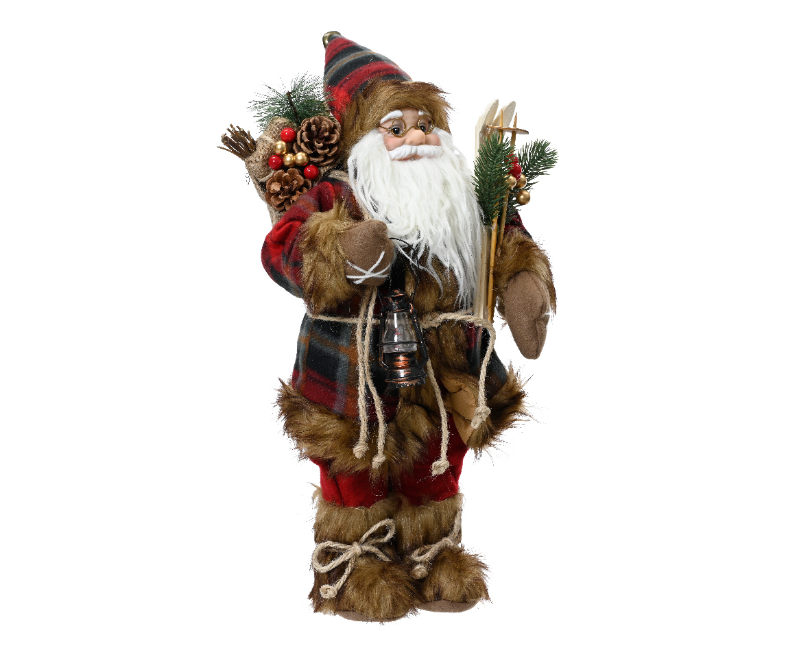 Santa polyester plastic body with red coat in check pattern with christmas hat branch/berry. ski. lantern